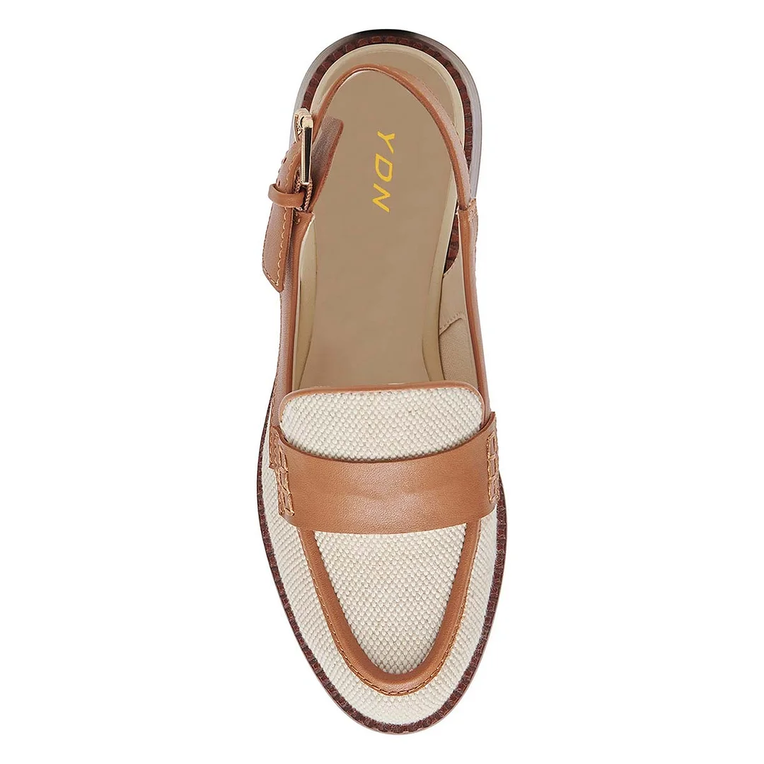 Beige & Brown Round Toe Patchwork Flats Buckle Slingback Loafers