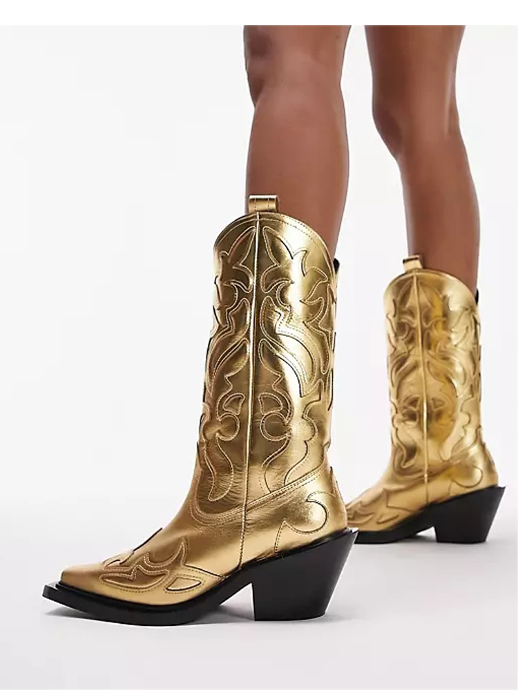 Woman  Gold Silver Pu Leather Cowboy Boots Women Pointed Toe Mid Calf Boots Thick Heels Botas De Mujer