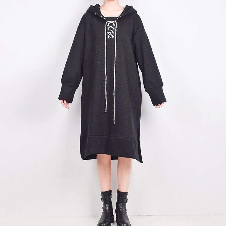 Street Loose Hooded Splicing Cross Tie Long Sleeve Sweatshirt Dress      