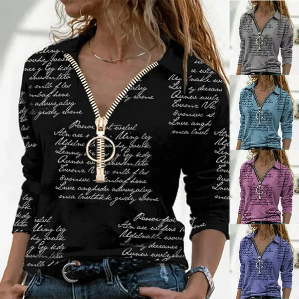 Fashion Women's Fashion V Neck Long Sleeve Tops Ladies Casual Shirts Zipper Letter Print Tops Blouse Plus Size S-5XL