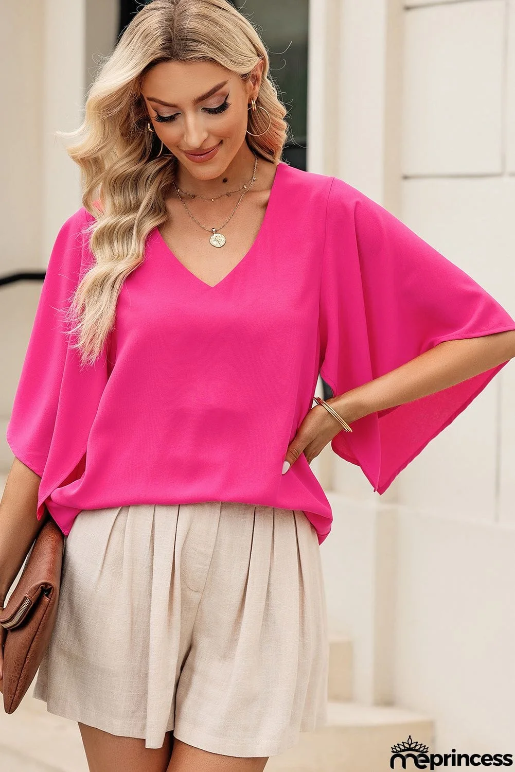 V-Neck Cloak Sleeve Blouse