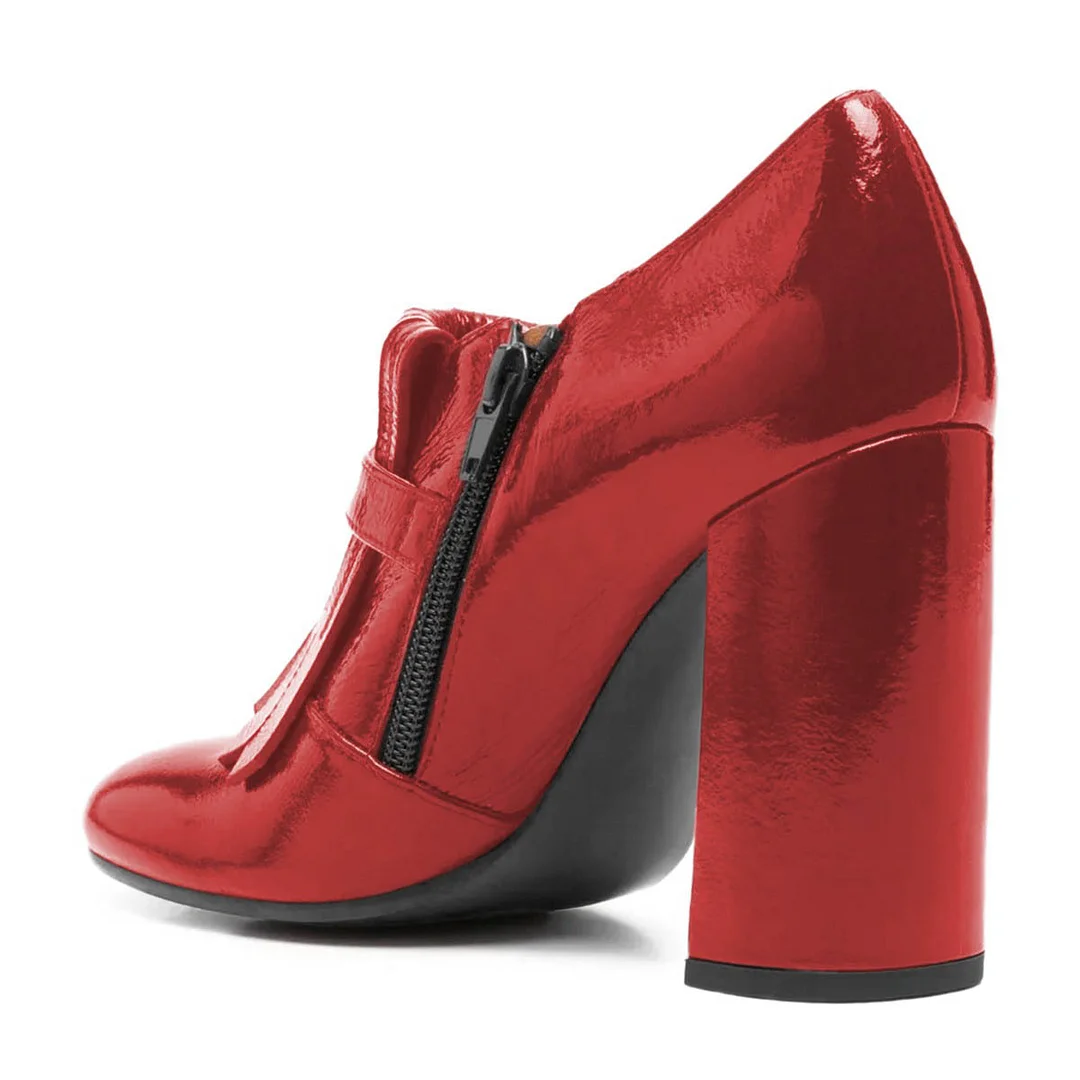 Chic Red Round Toe Chunky Heel Fringe Side Zipper Short Booties