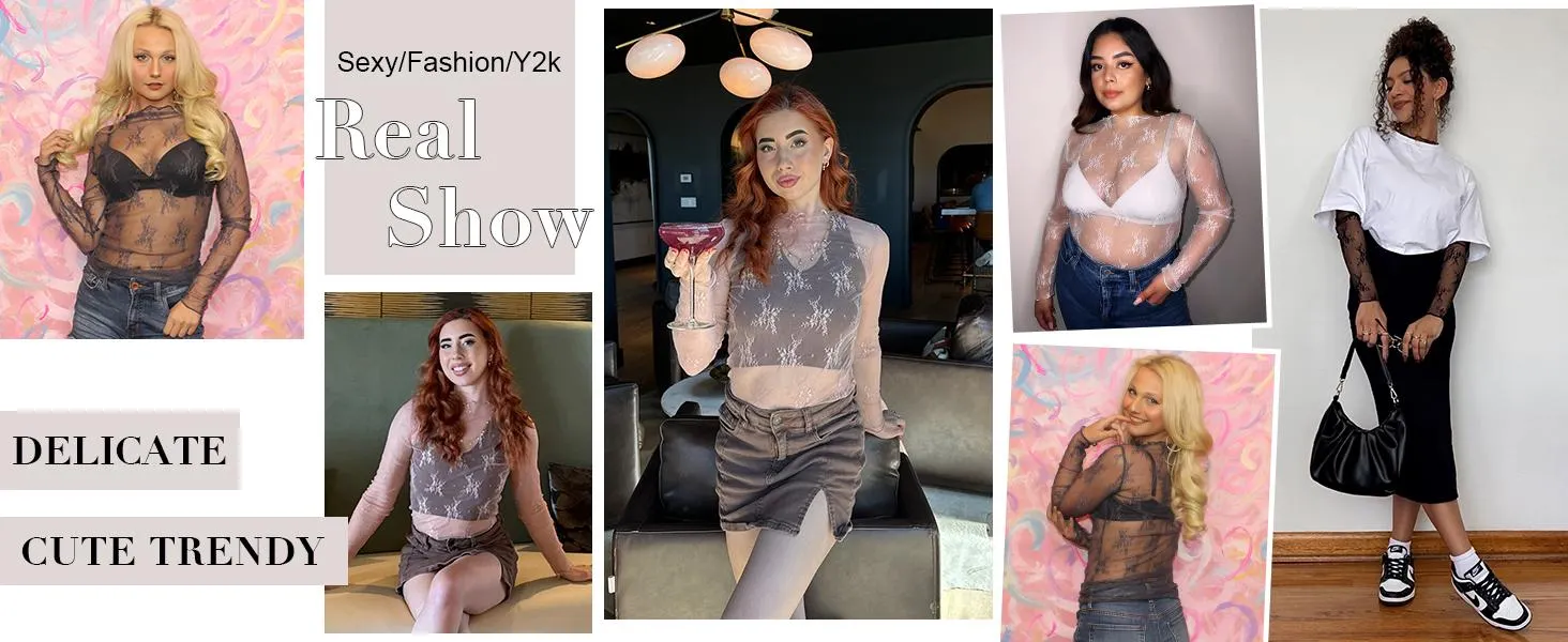 Tanming Womens Mesh Tops Lace Spring Long Sleeve Shirts Slim Fitted Outfits See Through Blouses Springfresh Summer Top #SpringStatements
