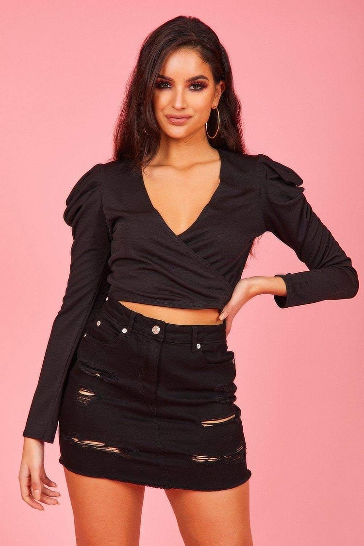 Black Wrap Front Puff Sleeve Top Katch Me