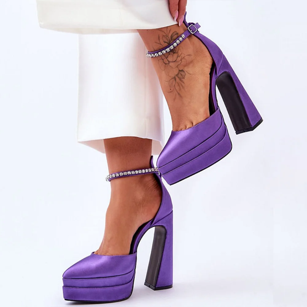 Purple Satin Closed Pointed Toe Rhinestone Ankle Strappy Platform Pumps With Chunky Heels Nicepairs
