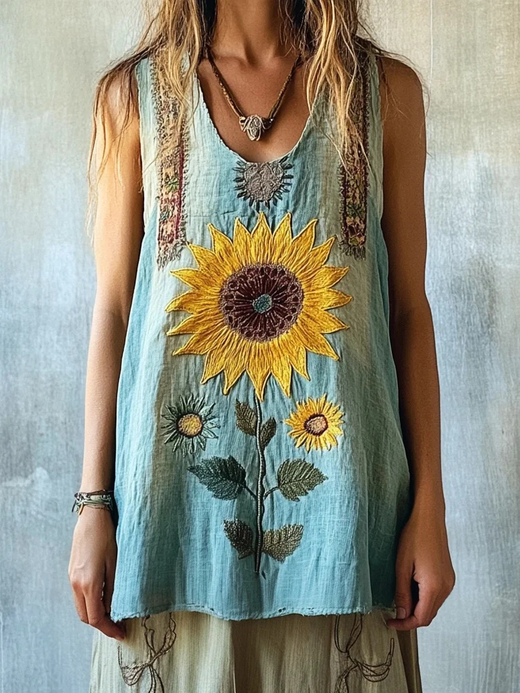 Utbros Vintage Boho Sunflower Embroidered Linen Tank Top