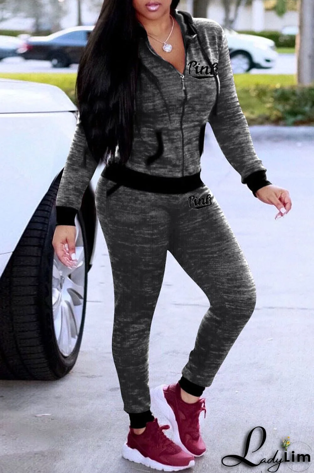 Grey Casual Sportswear Letter Print Patchwork Hooded Collar Long Sleeve Two Pieces