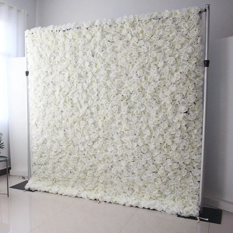 Roll Up Fabric Artificial White Roses Flower Wall Wedding Backdrop, Floral Party Decor, Event Photography-VF-026