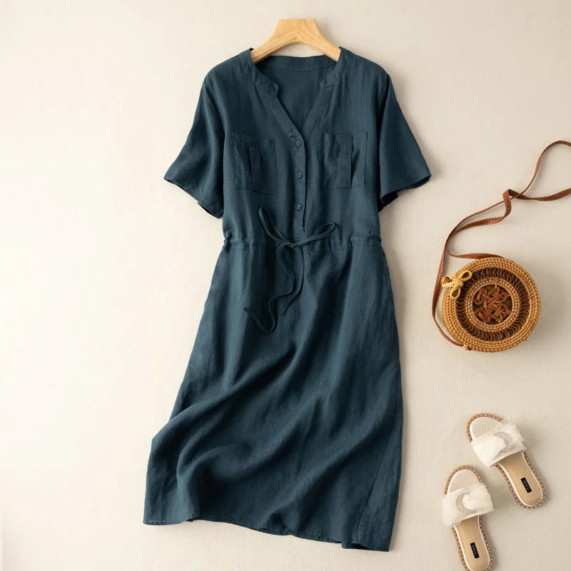 Solid Color Simple V-Neck Short Sleeved Midi Dress