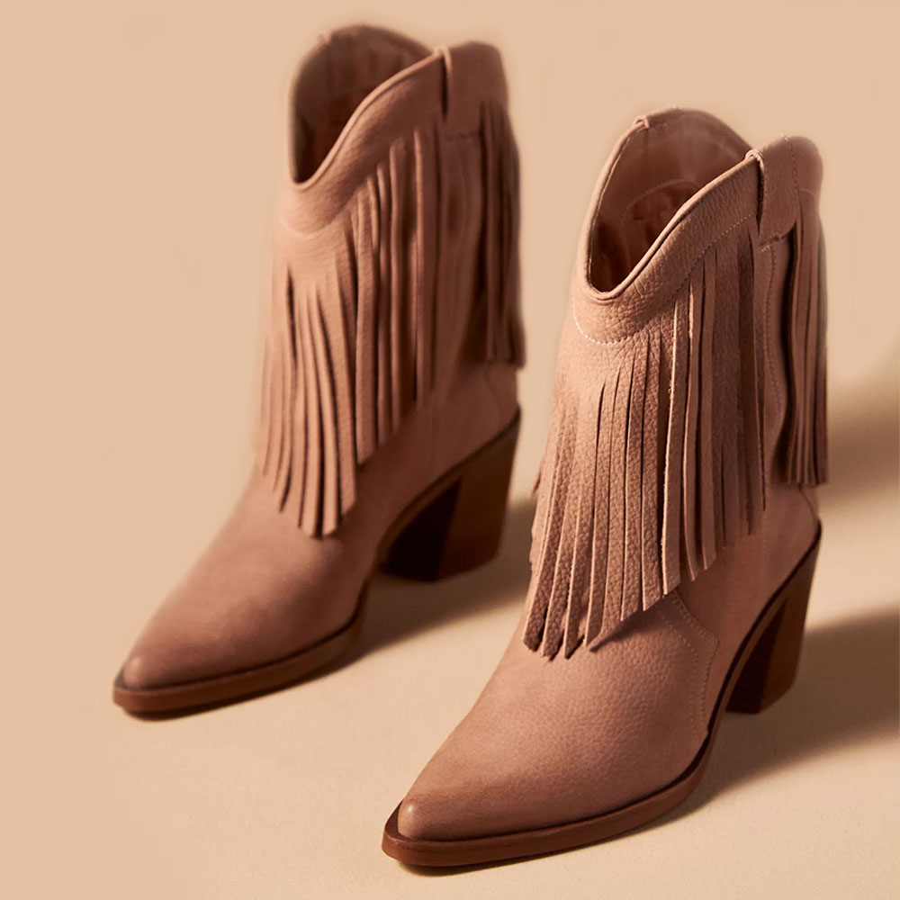 Short Vegan Leather Block Heel Fringe Pointed Toe Tan Cowgirl Boots Nicepairs