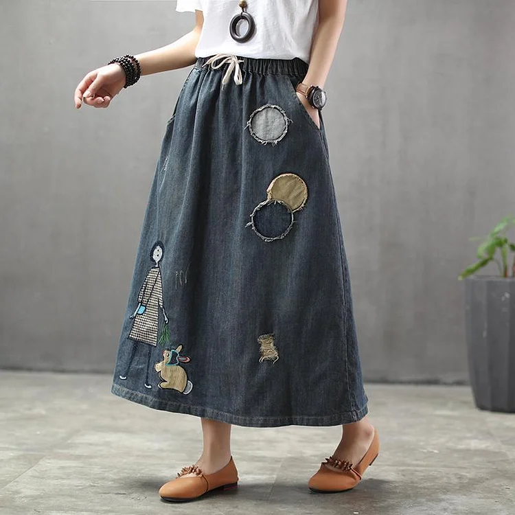 Cozy Thin Cartoon Embroidered Patch Swing  Denim Skirt