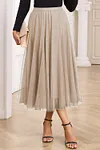 Women's Elegant Apricot Tulle Mesh Overlay Flared Midi Skirt