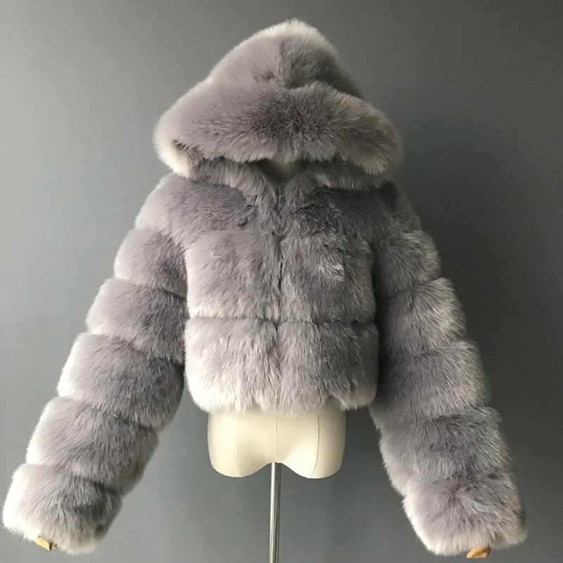 Faux Fur Coats Winter Warm Cropped Fluffy Jacket Coat Parkas Women Oversize Outerwear Ladies Female Soft with Hooded Coats