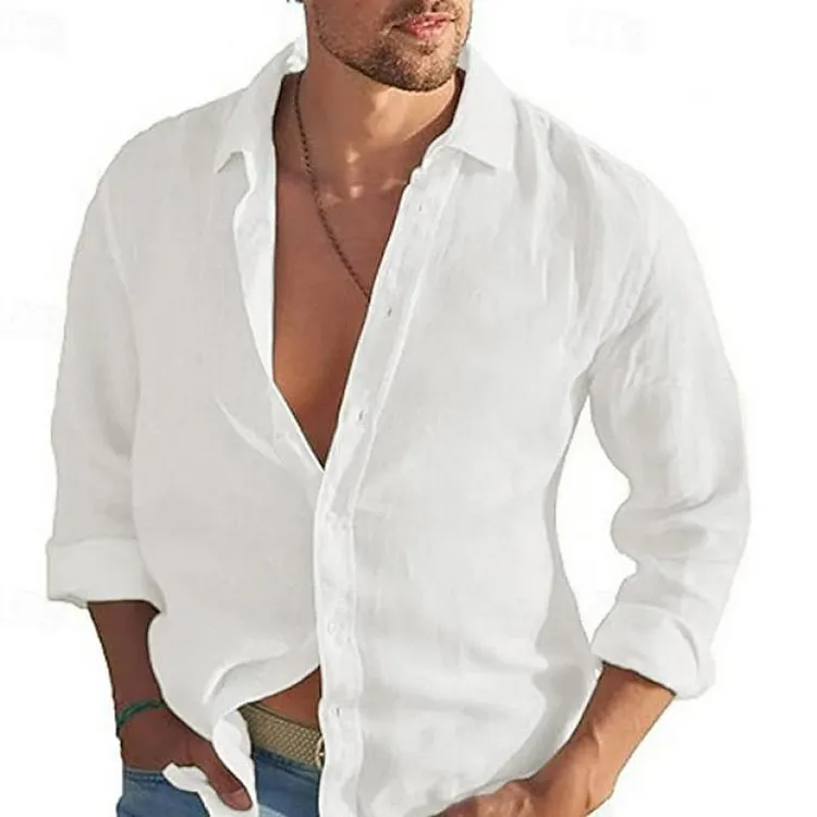 Men's Solid Linen Lapel Long Sleeve Casual Shirt 30610113Z