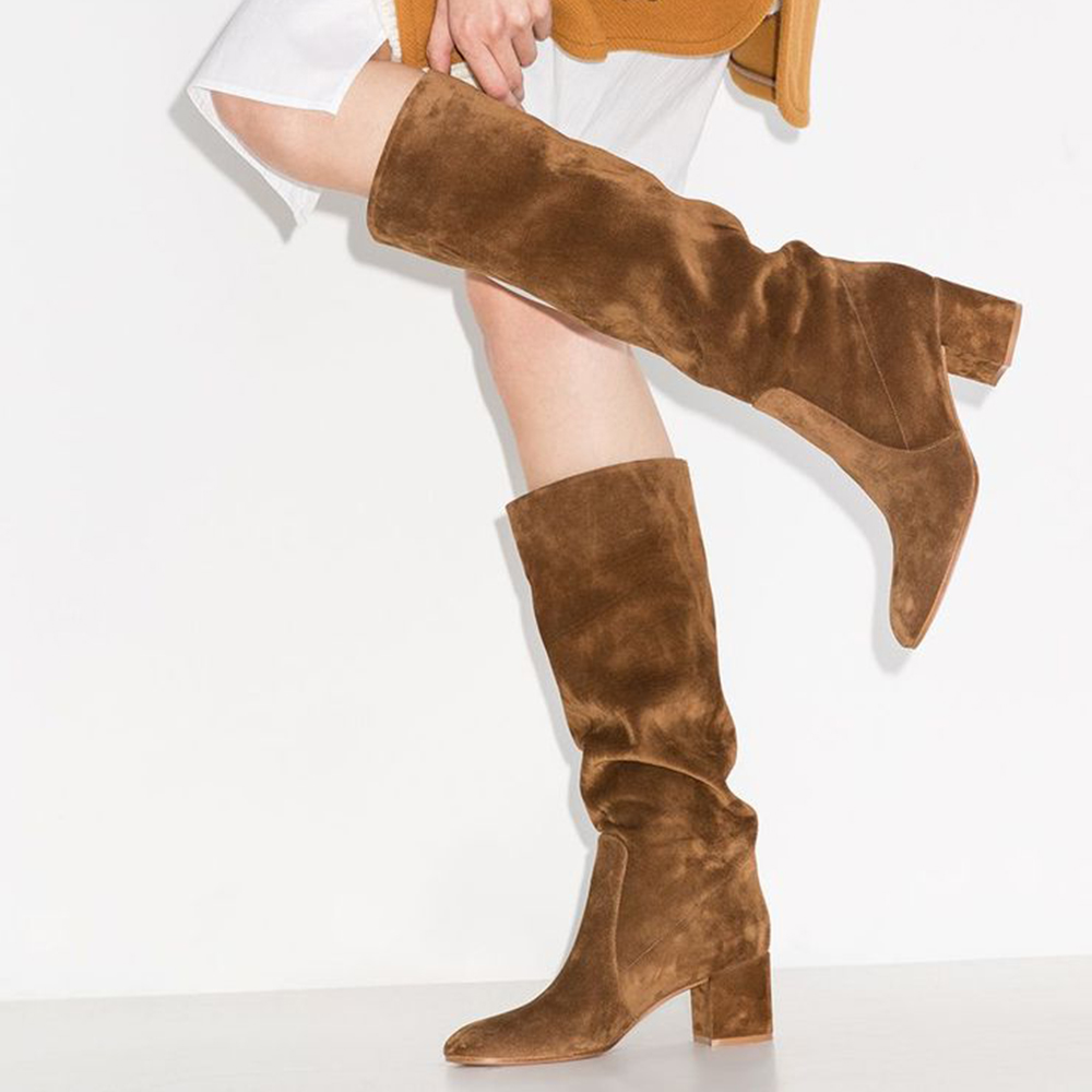 Brown Faux Suede Closed Toe Chunky Heel Knee High Winter Boots Nicepairs