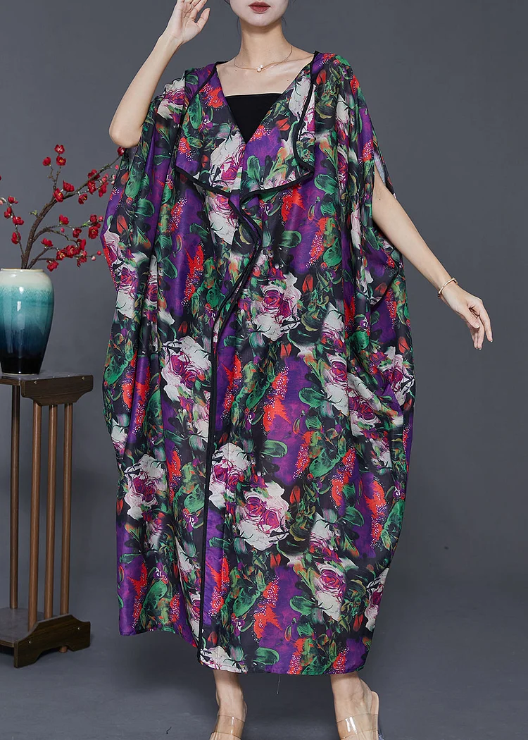 Modern Purple Oversized Print Chiffon Long Dresses Batwing Sleeve