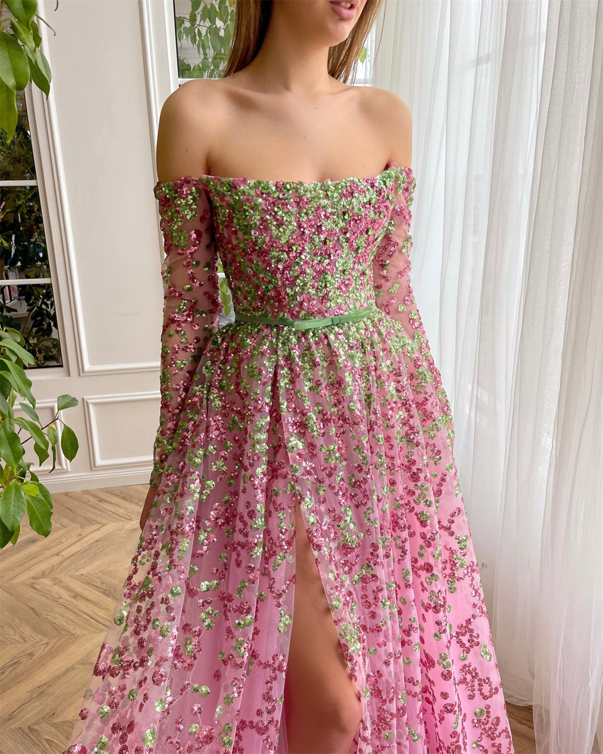 Women's Off Shoulder Slit Sequin Embroidery Dress