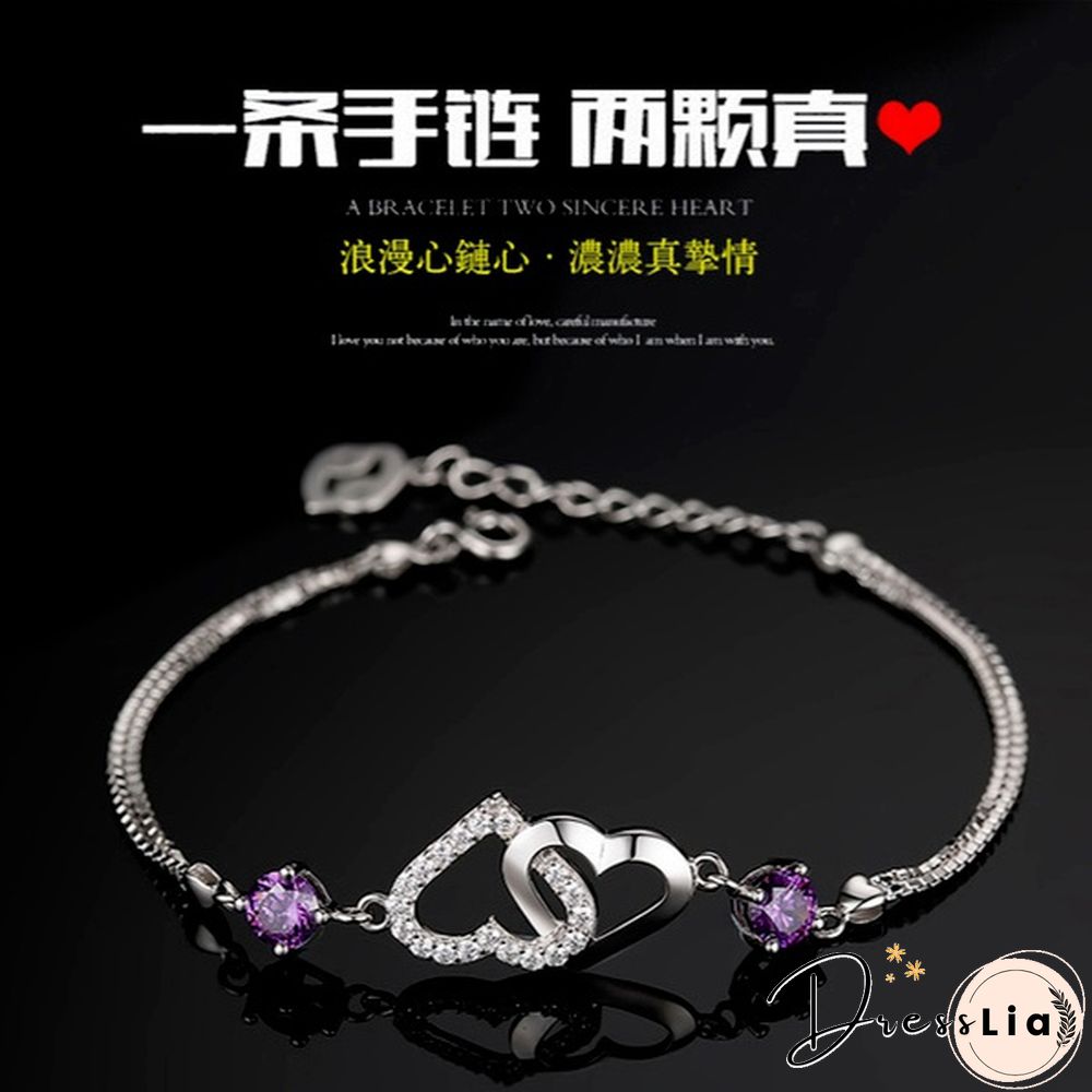 925 Silver Ladies Natural Amethyst Heart-shaped Bracelet Fashion Micro-inlaid Hollow Heart-shaped Zircon Bracelet