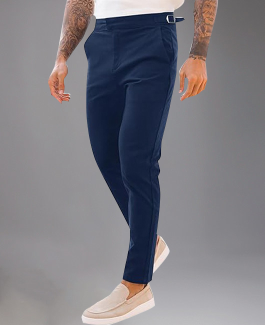 Casual Solid Slant Pocket Buckle Elastic Pencil Pants