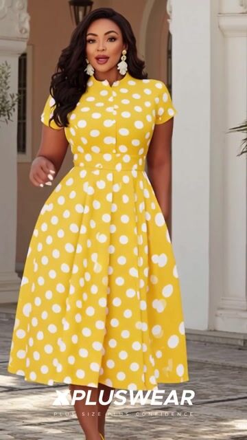 Xpluswear Design Plus Size Vacation Yellow Polka Dot Round Neck Short Sleeve Pocket Pleated Midi Dresses 2024 - Xpluswear
