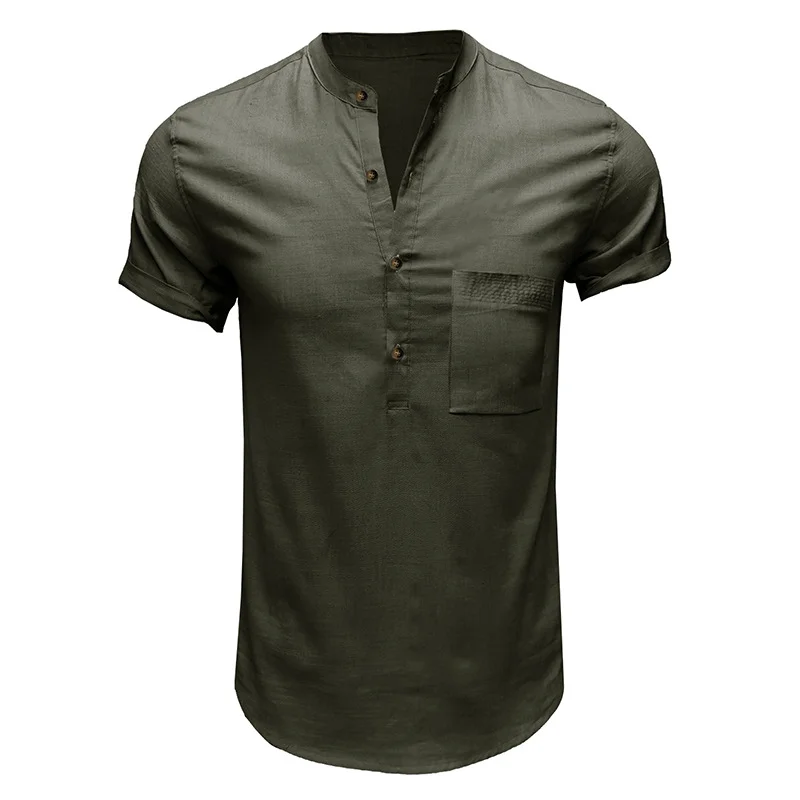 Men Cotton and linen Henley Shirt  Men's Henley Collar Loose Linen Shirt With Black,Grey,Army Green,White,Light Blue,Dark Blue Color