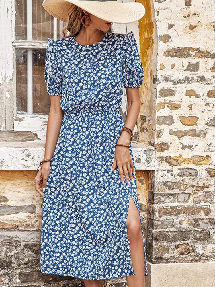 Casual Split Floral Round Neck Dress