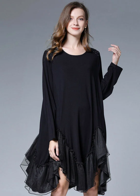 Style Black Asymmetrical Patchwork Ruffles Cotton Maxi Dresses Spring