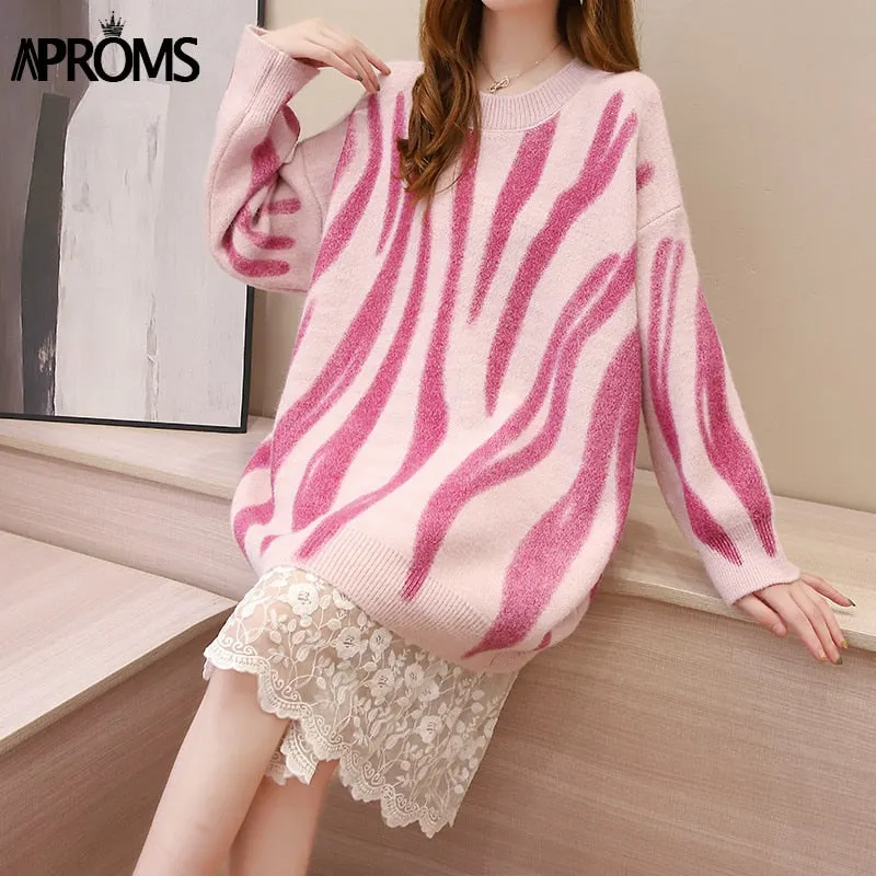 Aproms Elegant Green Striped Print Oversized Pullovers Women Winter O-Neck Loose Long Sweaters Streetwear Warm Outerwear 2021