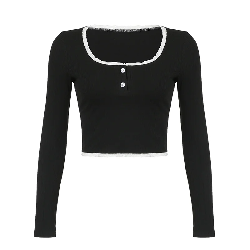 Ueong Sweet And Spicy Lace Hit The Color Pit Strip Long-Sleeved Spicy Girls Short Navel Blouse Slim And Slim T-Shirt