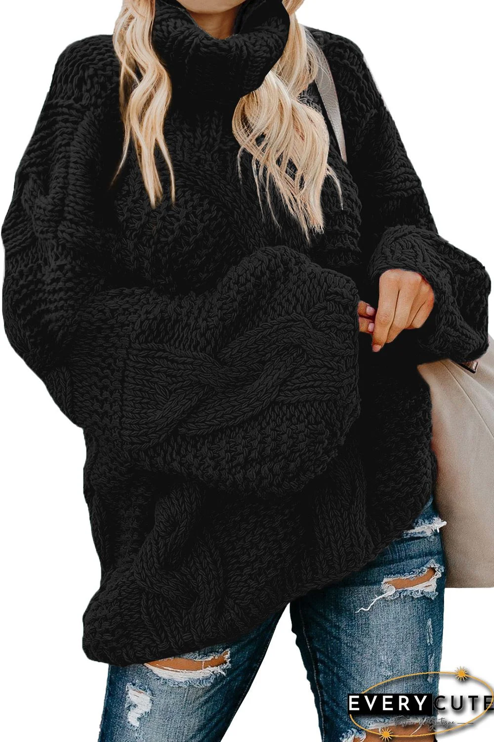 Black Oversize Turtleneck Textured Sweater