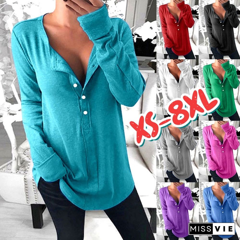 XS-8XL Plus Size Fashion Clothes Women's Autumn and Winter Tops Solid Color Casual Long Sleeve Pullover Sweatshirts V-neck Button Up Loose T-shirts Ladies Solid Color Cotton T-shirts
