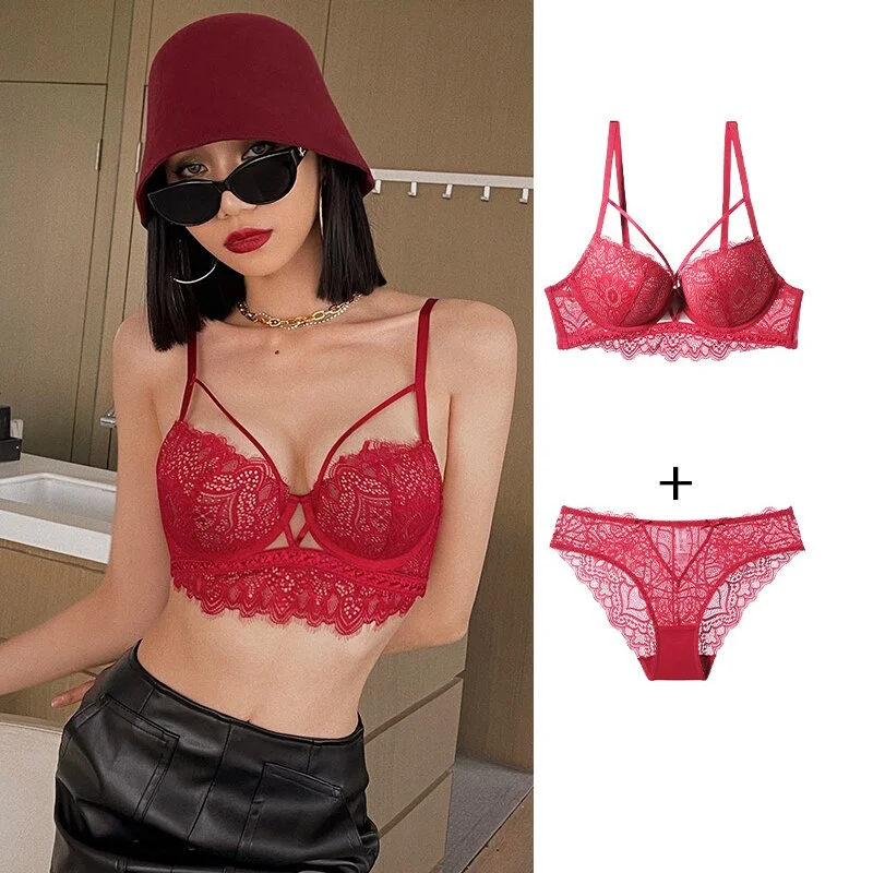 Billionm Lace Embroidery Underwear Sexy Hollow Cotton Padded Push Up Bra Set Women Classic Black Plus Size Brassiere Lingerie Sets