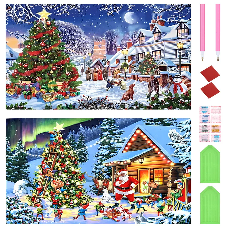 2pcsChristmas Street 70*40CM (Canvas) Full Round Drill Diamond Painting gbfke