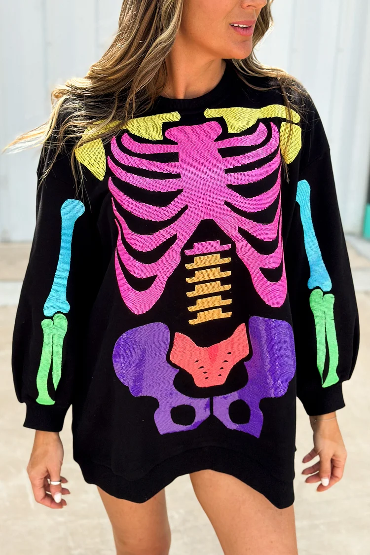 Rainbow Skeleton Sweatshirt Dress - Black