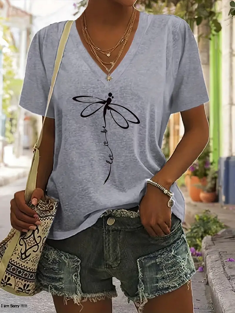 AL™ Dragonfly & Letter Print V Neck T-shirt, Casual Short Sleeve T-shirt For Summer, Women's Clothing-xn-0604-1-Annaletters