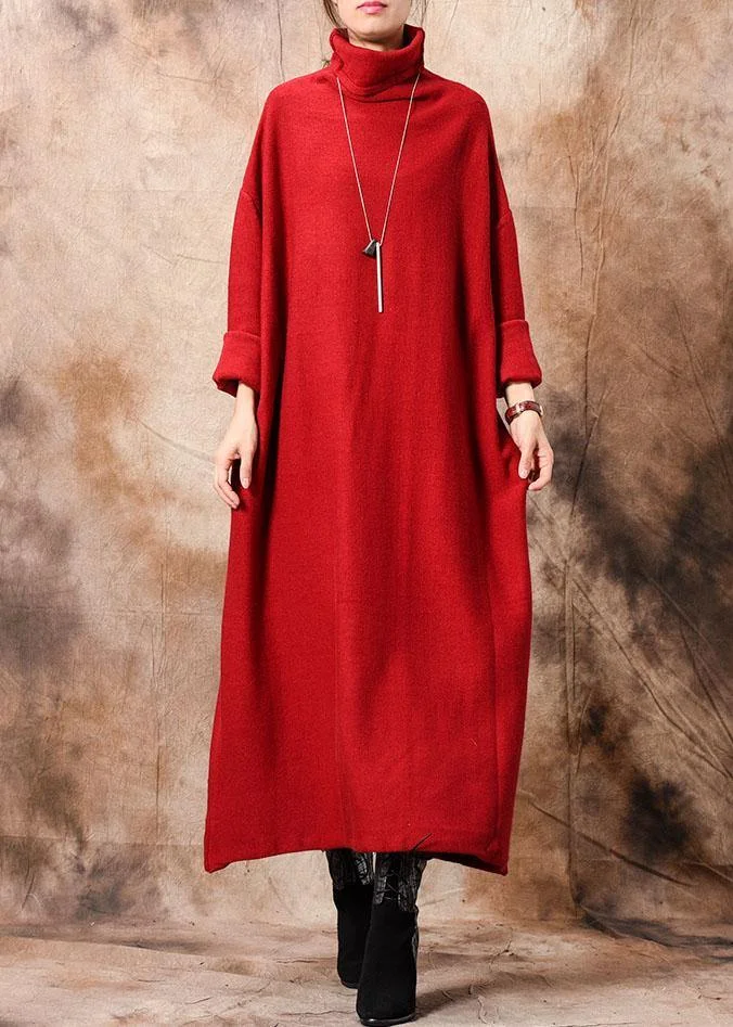 Pullover high neck Sweater dresses plus size red Hipster knitted tops fall