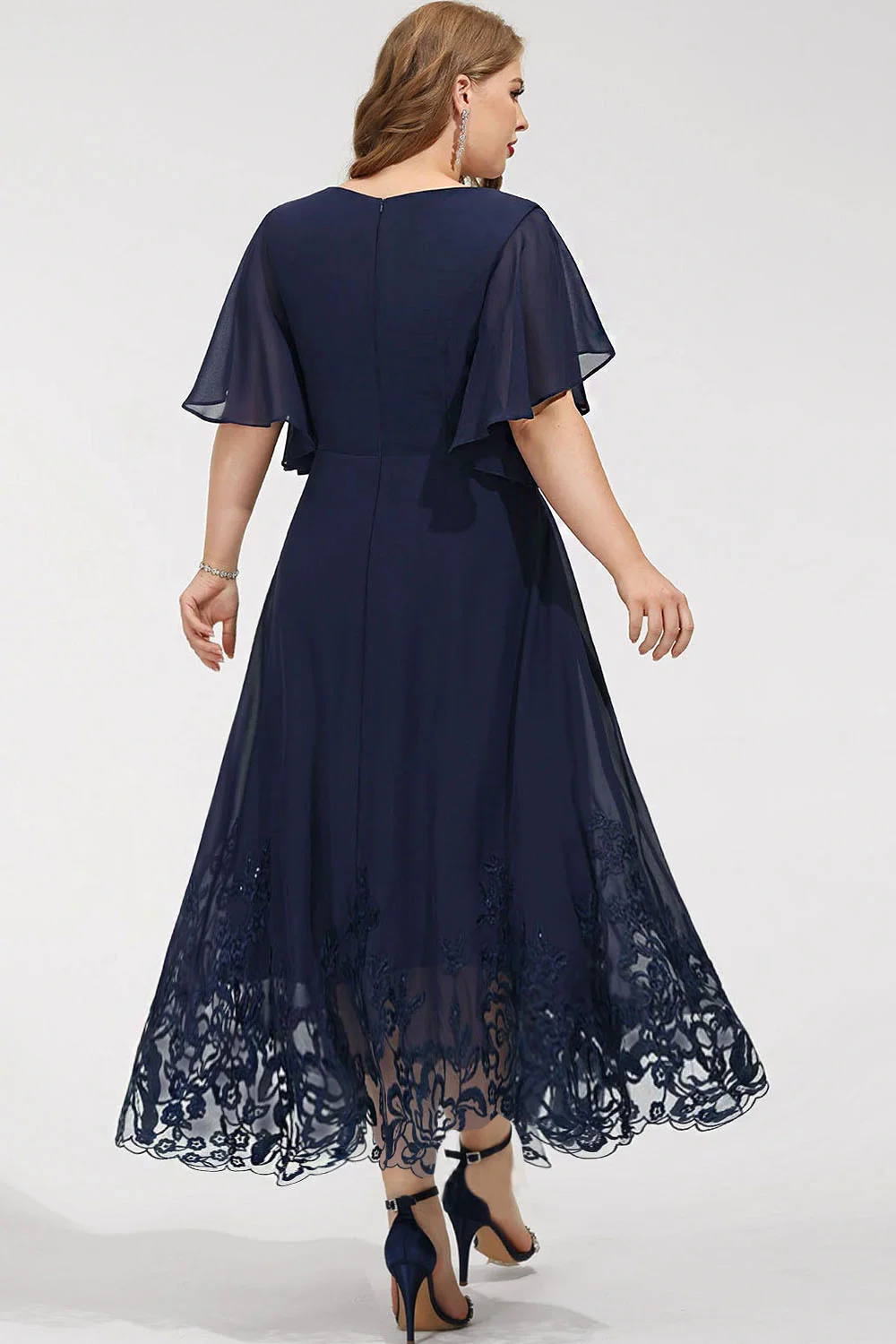 Flycurvy Plus Size Mother Of The Bride Navy Blue Chiffon Lace Stitching  Flutter Sleeve A-Line Tunic Maxi Dress- Flycurvy