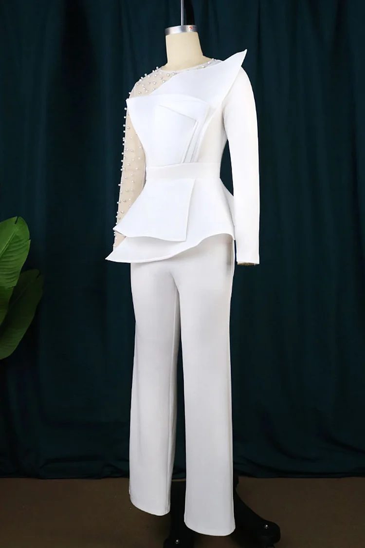 Mesh Patchwork Pearls Long Sleeve Asymmetric Trim Straight Leg Evening White Jumpsuit