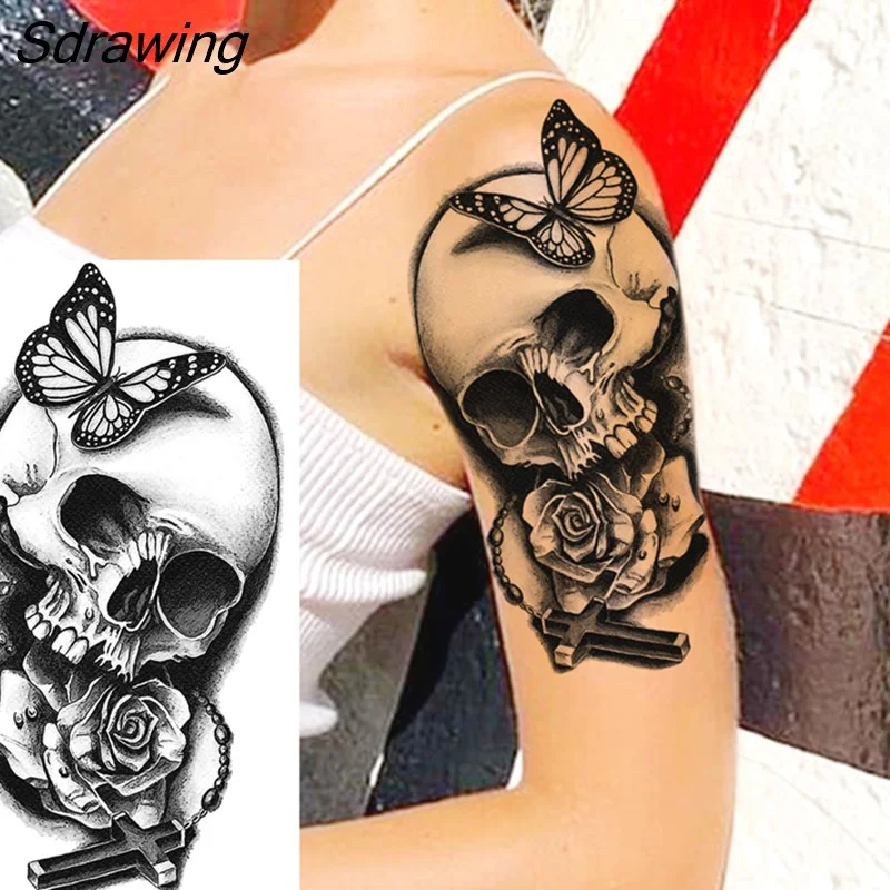 Sdrawing Warrior Punk Skeleton Gangster Rose Flower Temporary Tattoos For Women Men Lion Tiger Skull Rose Fake Tattoo Sexy Arm
