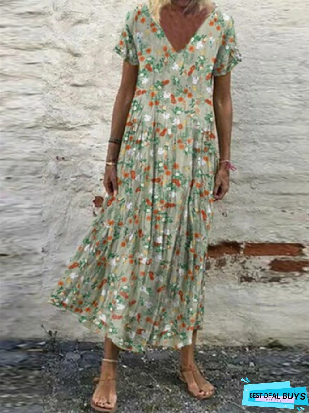 New V-neck Short Sleeve Long Skirt Retro Print Loose Dress Women's Dress