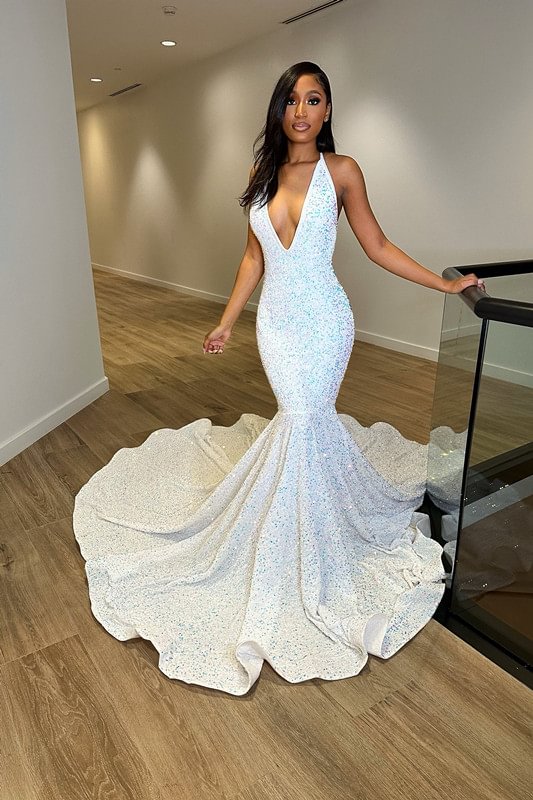 Classy White V Neck Mermaid Straps Prom Dress With Sequins | Ballbellas Ballbellas