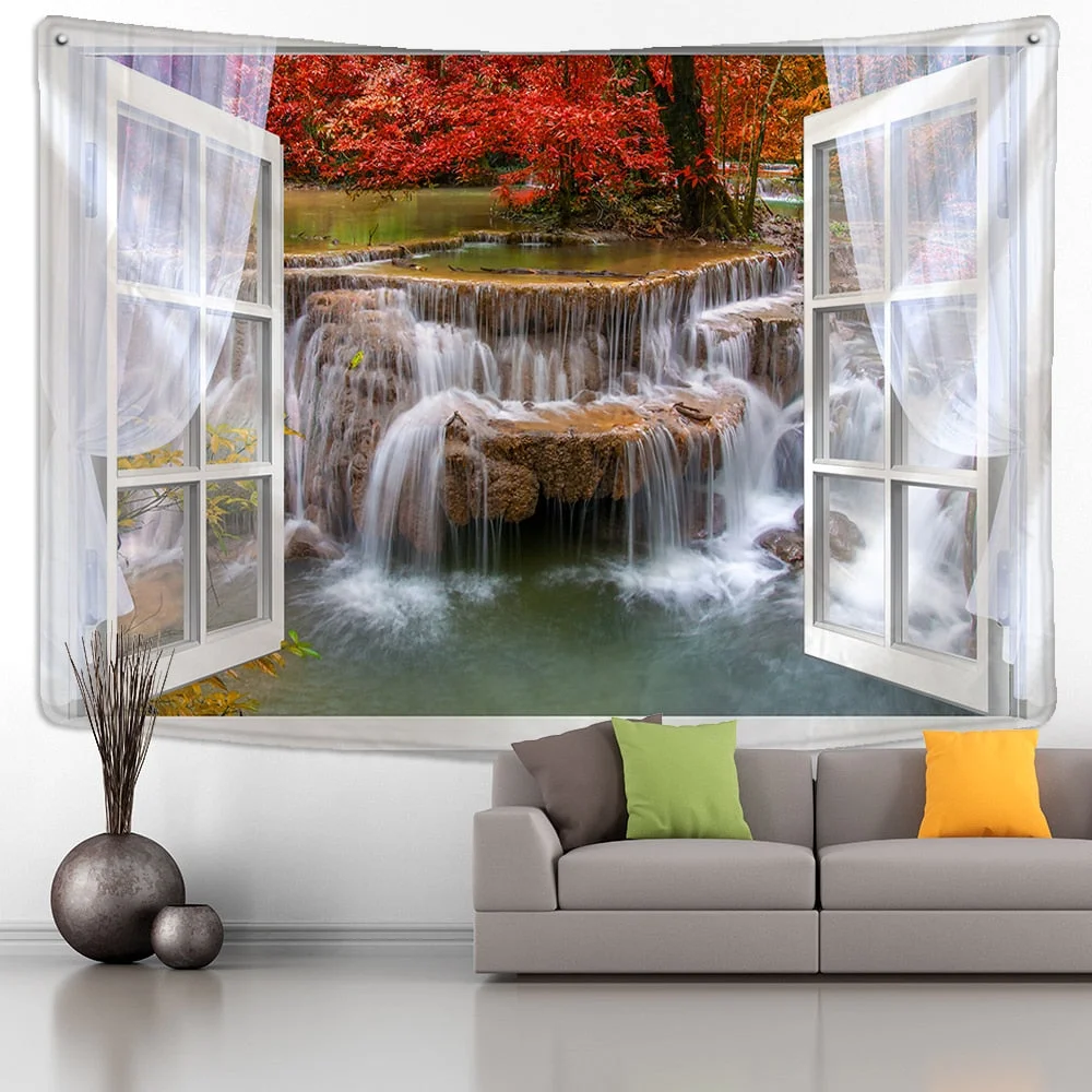 Window Forest Plant Landscape Tapestry Natural Scenery Wall Hanging Indian Throw Mandala Hippie Bedspread Bohemian Home Decor