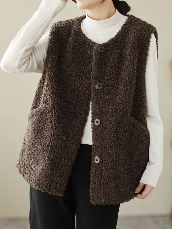 Pockets Buttoned Sleeveless Loose Round-Neck Vest Outerwear