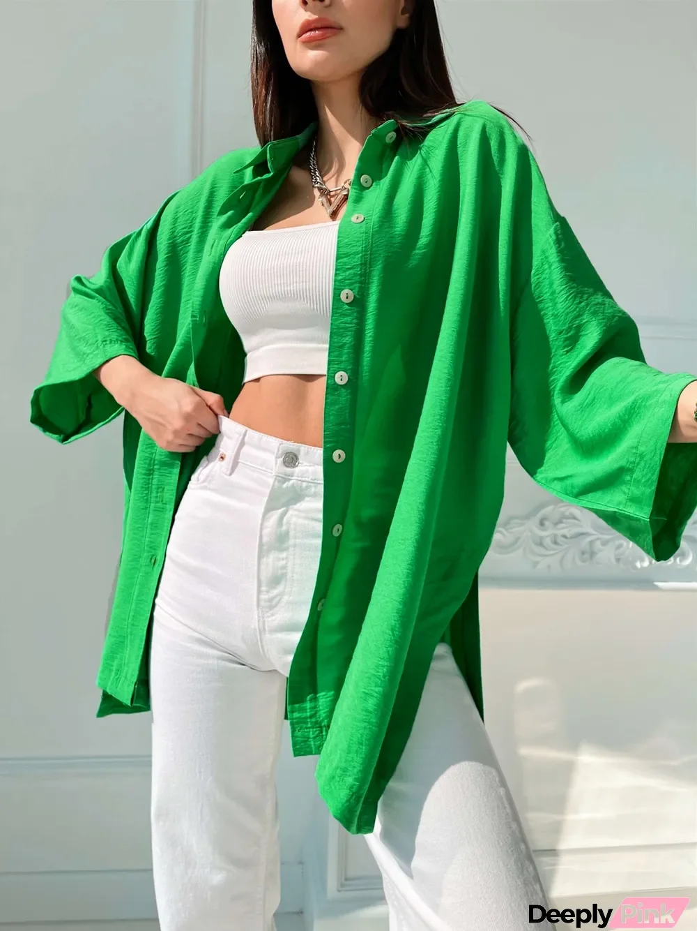 Shirt Women's Loose Bell Bottom Sleeve Spring Summer Comfortable Casual Solid Color Slit Shirt