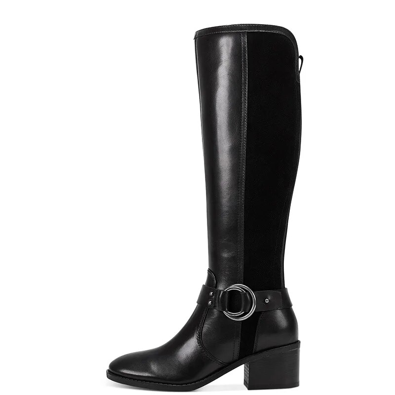 TAAFO Women Black Knee Long Boots Patchwork High Chunky Heels Round Toe Zipper For Ladies Shoes