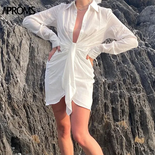 Elegant Deep V-Neck White Shirt Dress Women Summer Sexy Waist Tie Mini Vocation Street