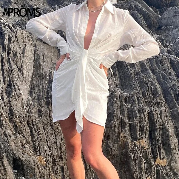 Elegant Deep V-neck White Shirt Dress Women Summer Sexy Waist Tie Mini Dresses Vocation Street Style Ruched Vestidos