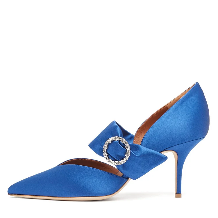 Royal Blue Satin Pointed Toe Stiletto heels Buckle Pumps |FSJ Shoes