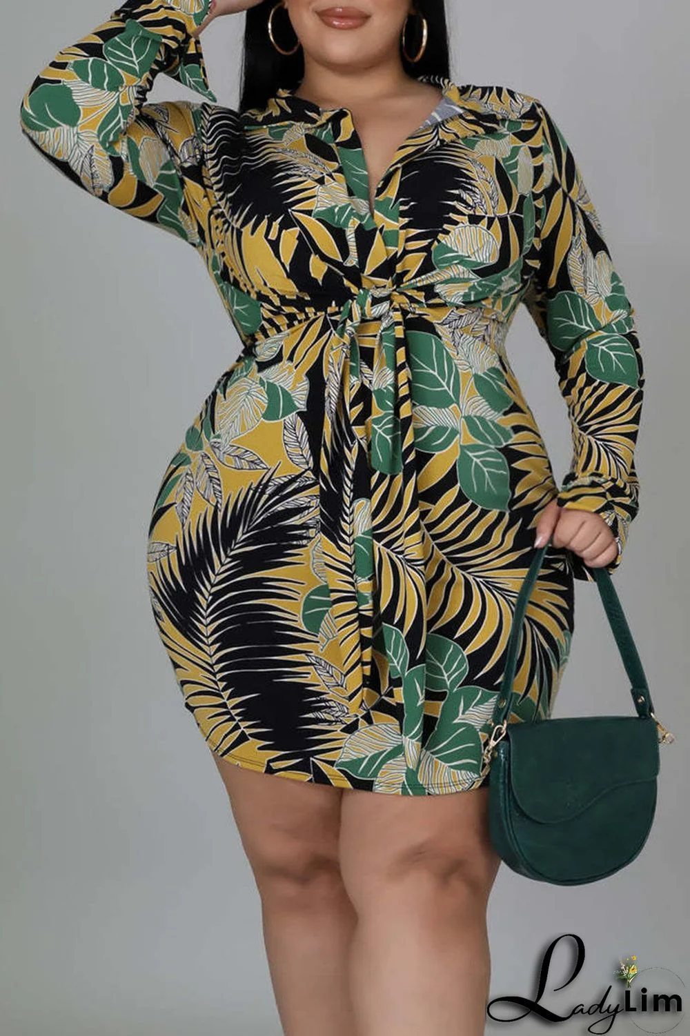 Green Casual Print Split Joint Turndown Collar One Step Skirt Plus Size Dresses