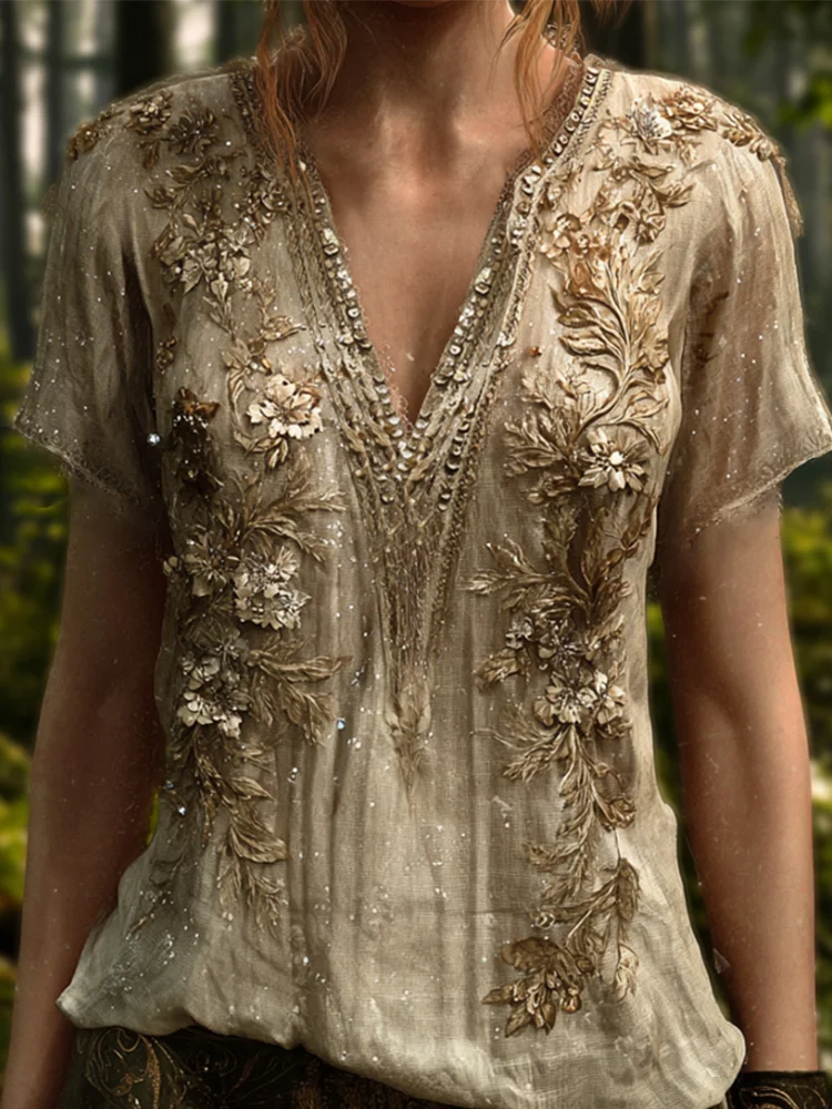 Utbros Bohemian Style Golden Sequin Flower Glowing Vintage V-neck Short-sleeved Shirt